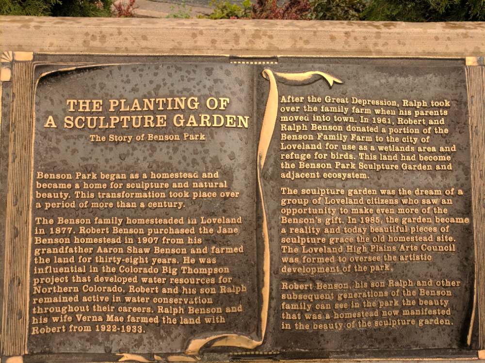 A narrative bronze sculpture telling the story of Benson Park in Loveland, Colorado
